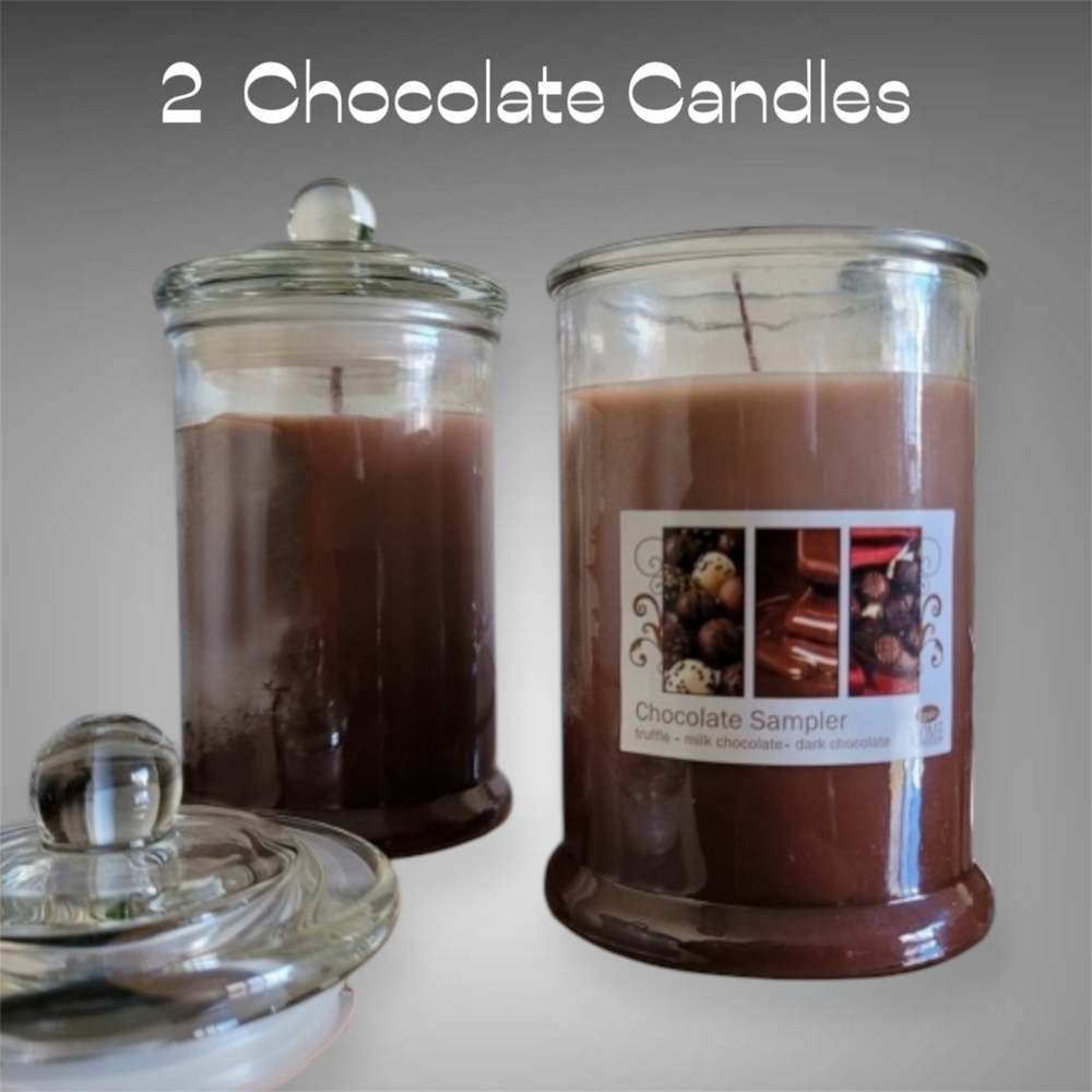2 Chocolate Scented Candles NEW Glass Covered Jar Sweet Truffle Milk